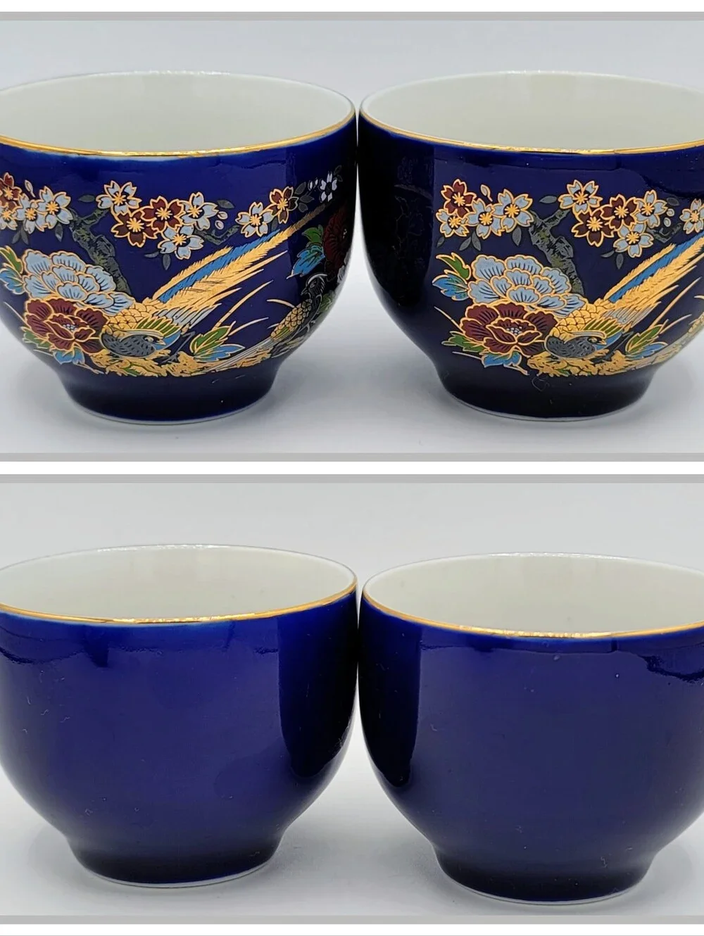 Japanese Cobalt Blue Tea Set Kutani Style Gold Pheasant Teapot Cups Vintage